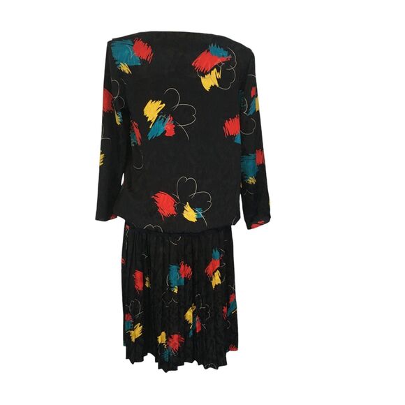 Le Art Vintage 80s Black w/Bold Pattern Drop Waist Dress 40 bust Secretary sz 12 - Picture 6 of 9